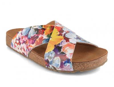 HAFLINGER Bio Mio Damen Pantoletten, blau/ wei� Flower