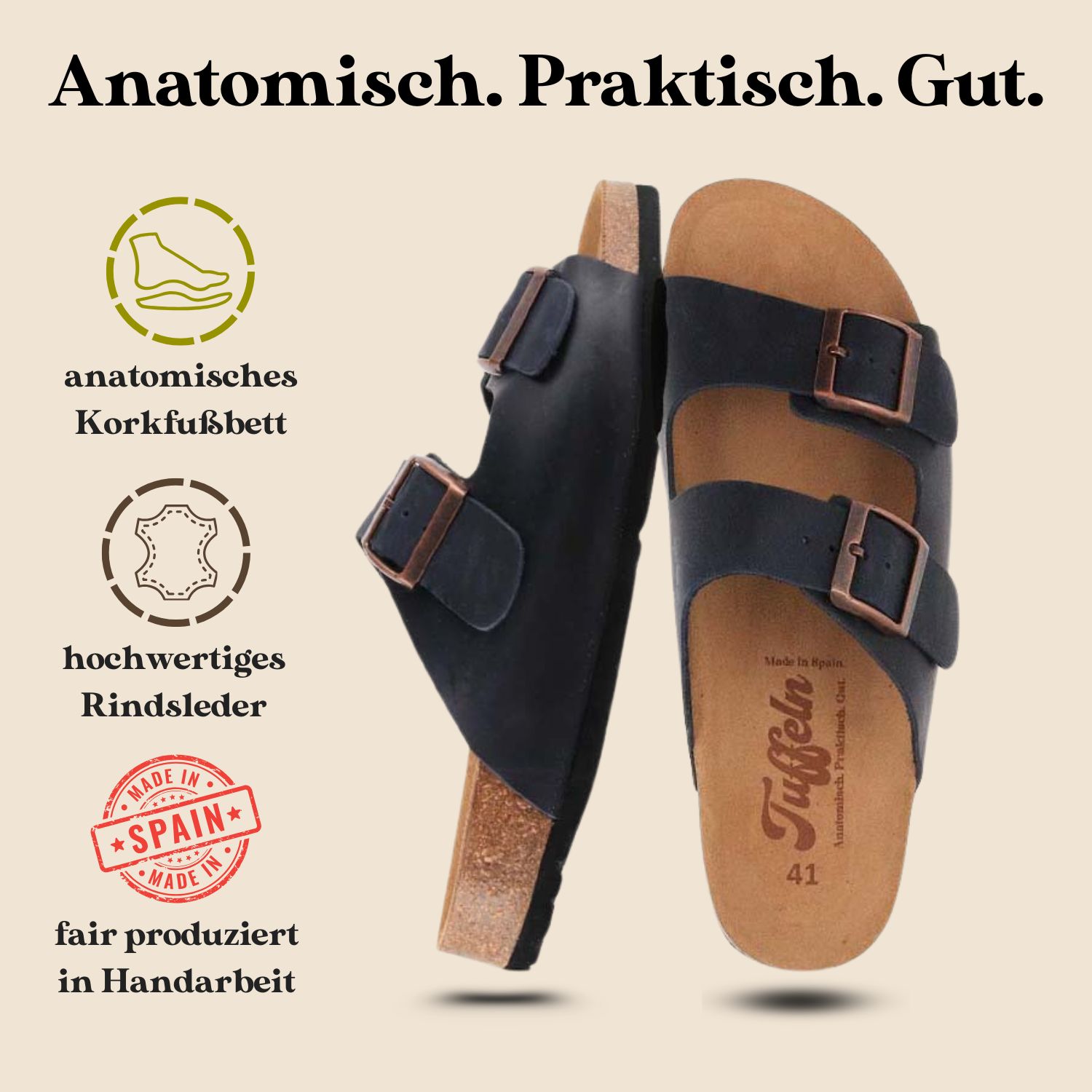 Tuffeln «Norderney» Zweischnaller-Sandalen mit Kork-Latex-Fußbett, marino