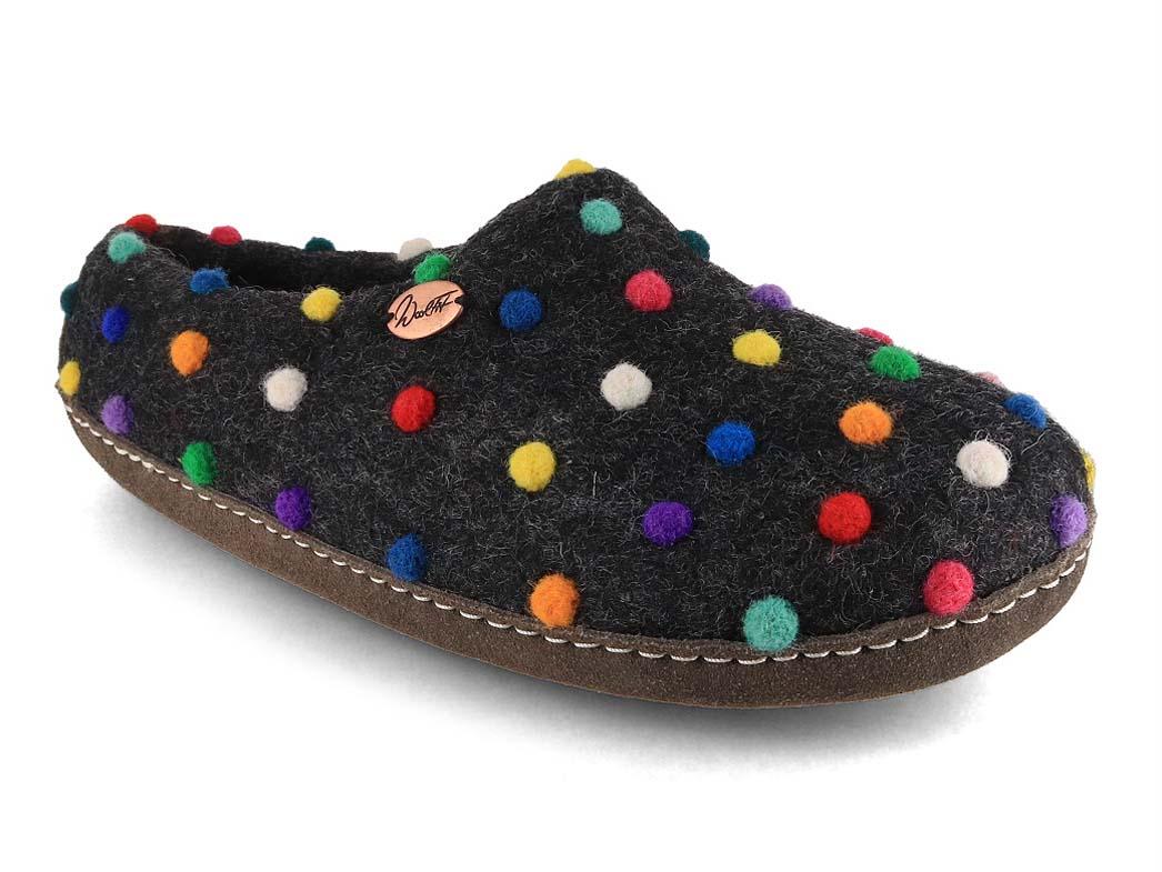 WoolFit� Filzpantoffel Footprint, graphit/ bunt gepunktet